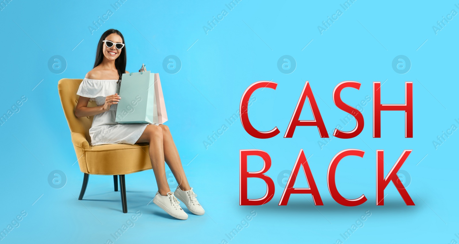 Image of Beautiful woman with paper shopping bags in armchair and words Cash Back on light blue background. Banner design