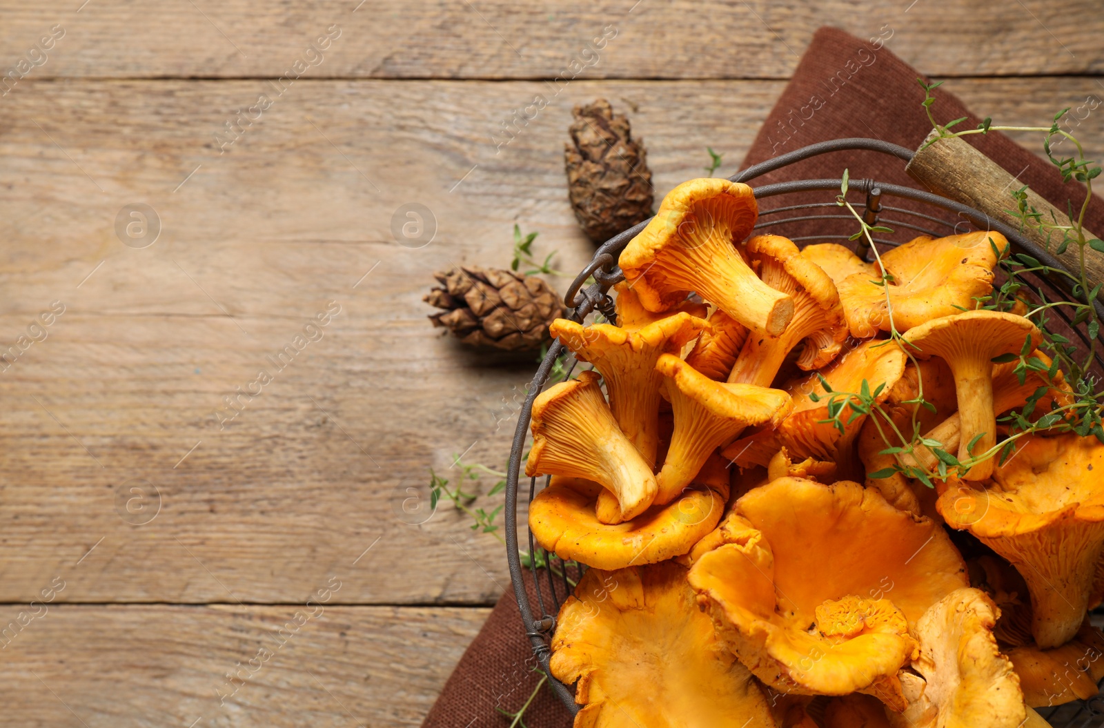 Photo of Fresh wild chanterelle mushrooms on wooden table, flat lay. Space for text