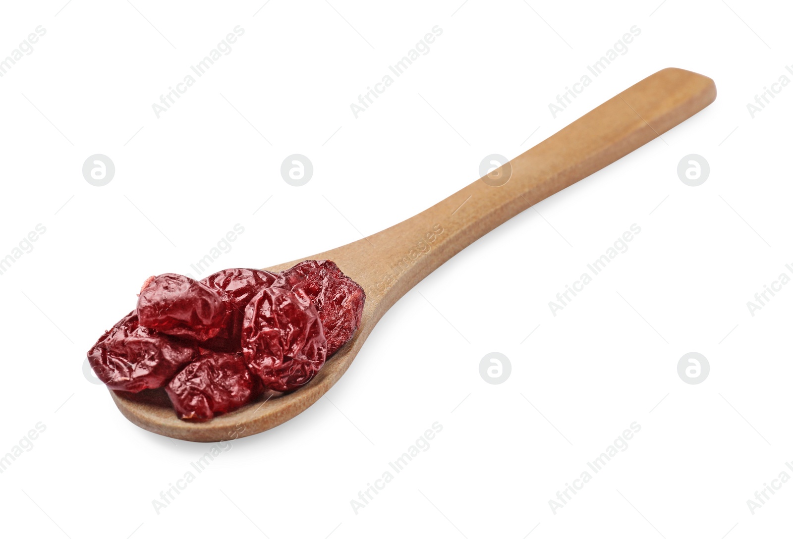 Photo of Spoon with dried cranberries isolated on white