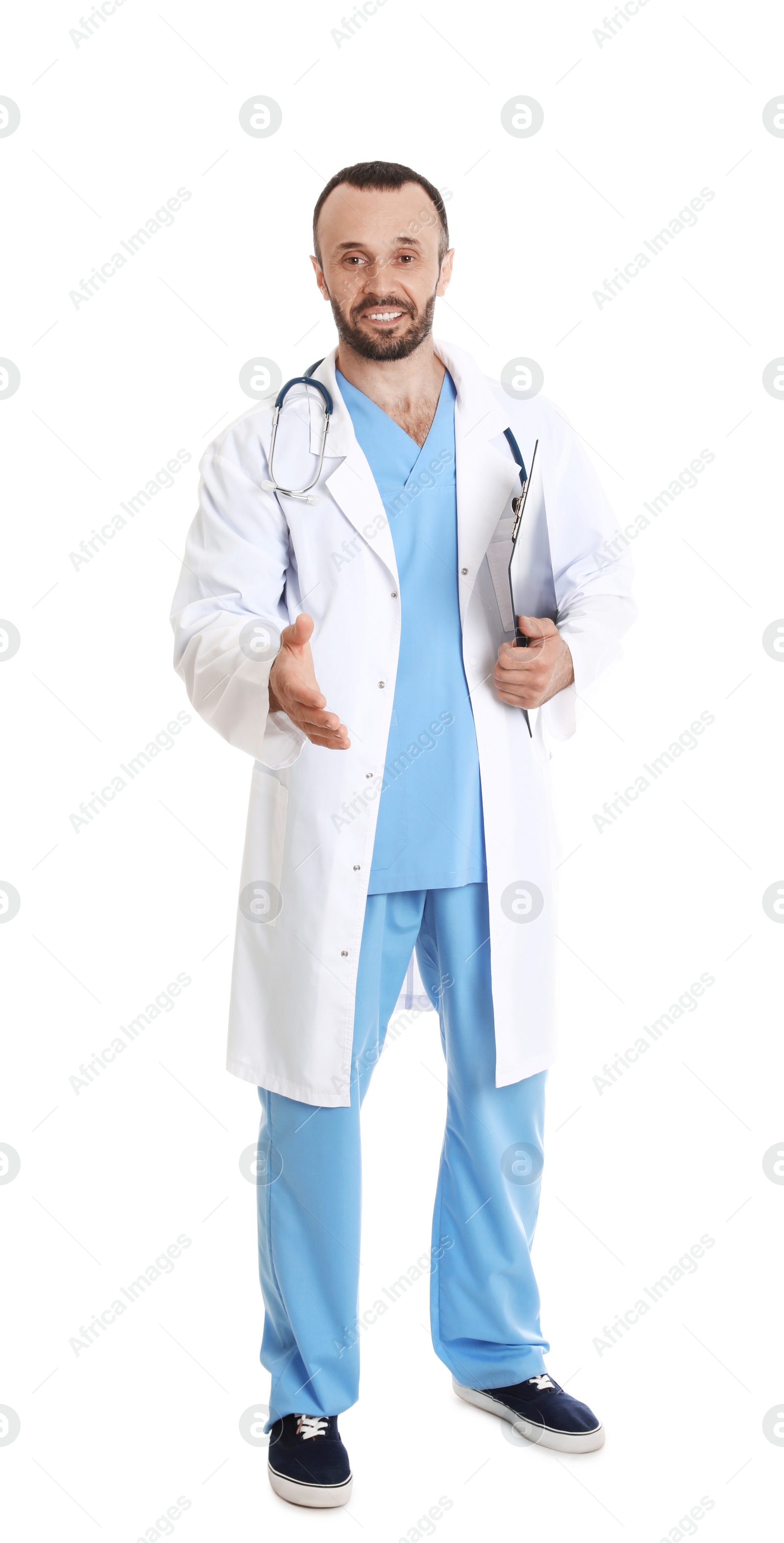 Photo of Full length portrait of male doctor extending hand isolated on white. Medical staff