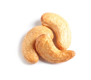 Photo of Tasty cashew nuts isolated on white, top view