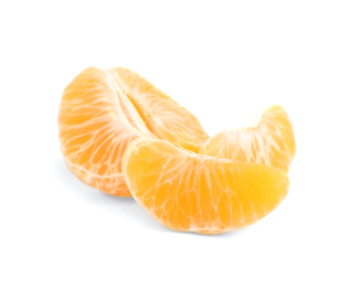 Fresh juicy tangerine segments isolated on white