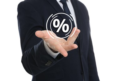 Image of Man showing virtual percent sign on white background, closeup. Discount concept