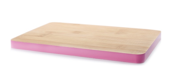 Photo of Wooden board on white background. Kitchen accessory