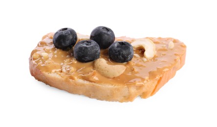 Photo of Toast with tasty nut butter, blueberries and cashews isolated on white