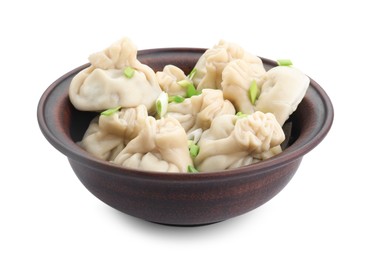 Photo of Tasty khinkali (dumplings) with onion in bowl isolated on white. Georgian cuisine