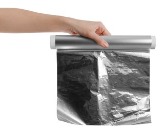 Photo of Woman holding roll of aluminum foil on white background, closeup