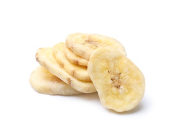 Photo of Sweet banana slices on white background. Dried fruit as healthy snack