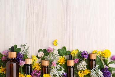 Photo of Flat lay composition with essential oil, flowers and herbs on white wooden table. Space for text