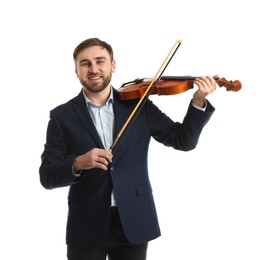 Photo of Music teacher playing violin on white background