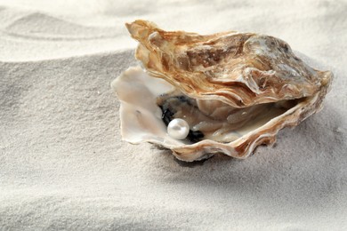 Photo of Open oyster with white pearl on sand