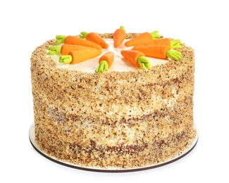 Photo of Delicious natural carrot cake isolated on white