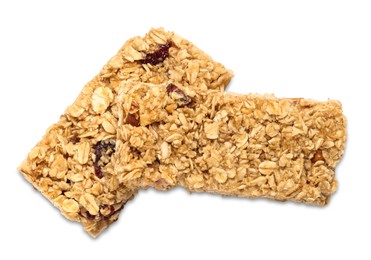 Photo of Two tasty granola bars isolated on white, top view