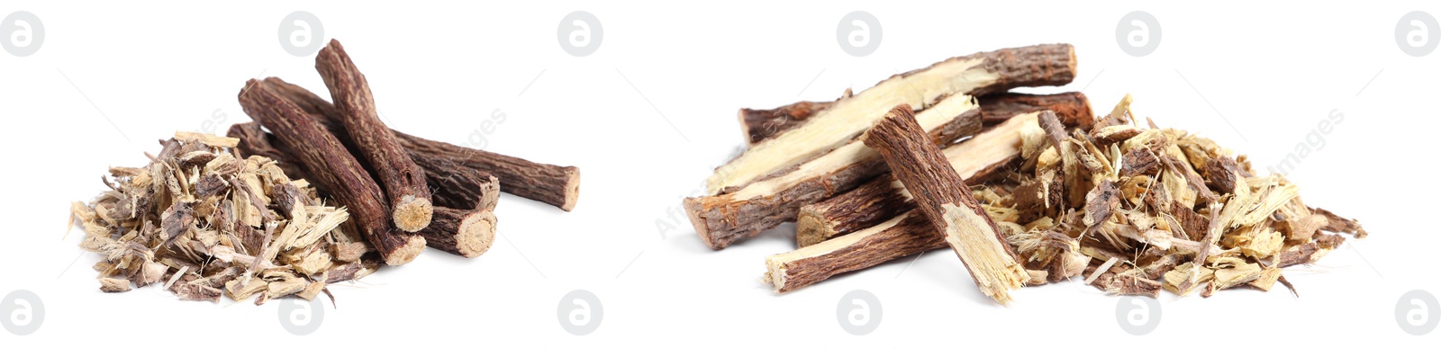 Image of Set with dried sticks of liquorice root and shavings on white background. Banner design