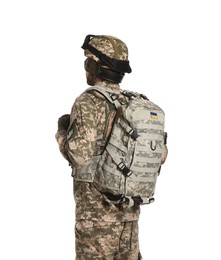 Photo of Soldier in Ukrainian military uniform with tactical goggles and backpack on white background