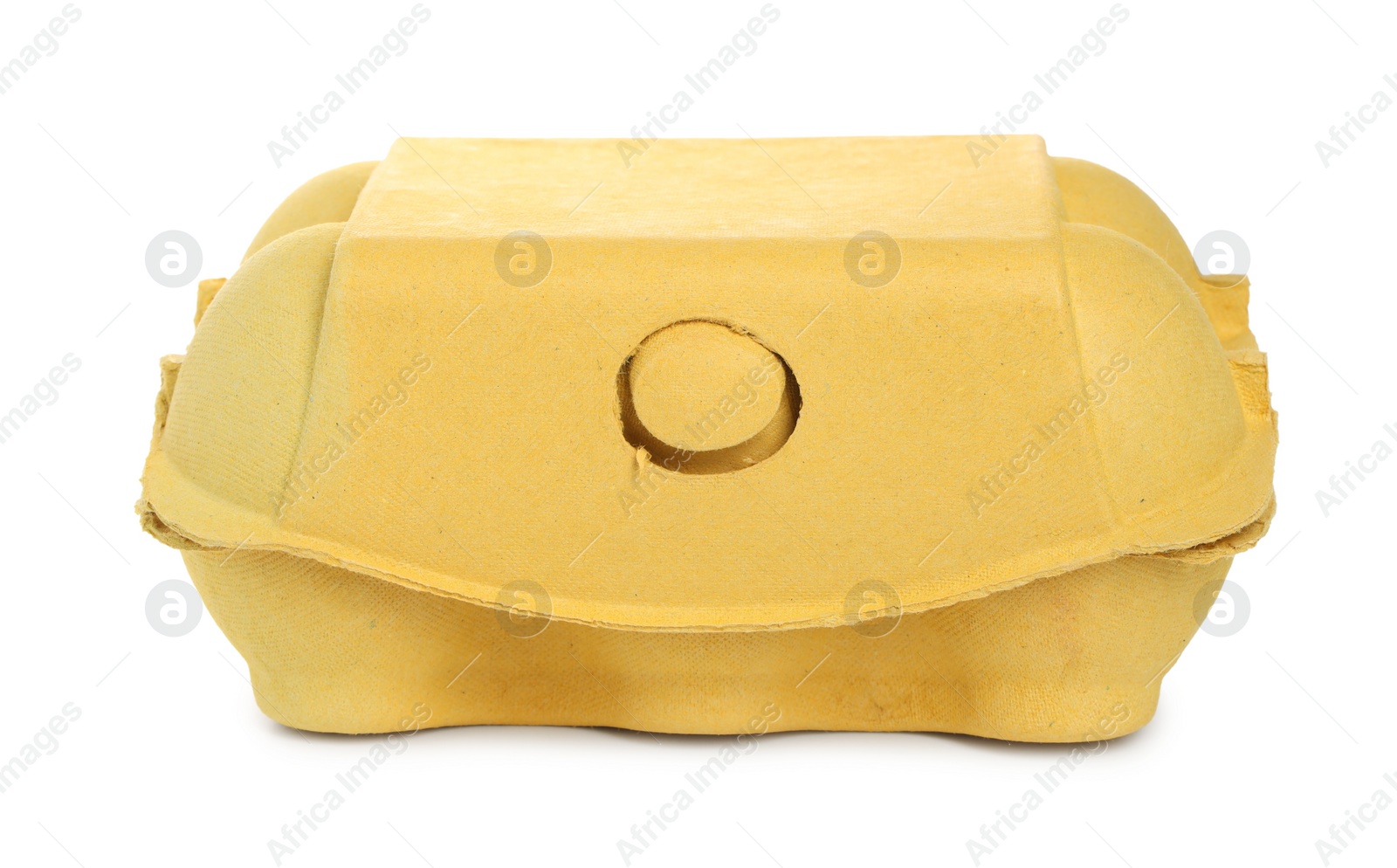 Photo of One yellow egg carton isolated on white