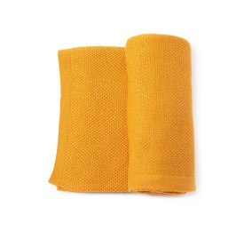 Photo of Beautiful yellow knitted blanket isolated on white, top view