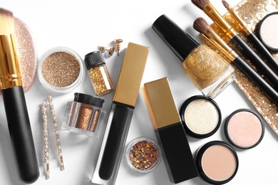 Photo of Set of luxury makeup products on white background, flat lay