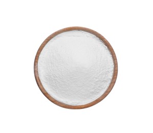 Photo of Wooden bowl of natural starch isolated on white, top view
