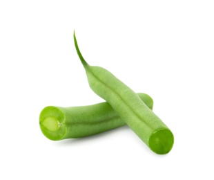 Photo of Delicious fresh green beans on white background