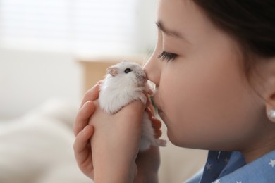 Photo of Little girl with cute hamster at home, closeup