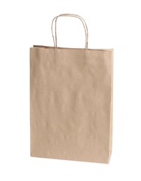 Photo of One kraft paper bag isolated on white. Mockup for design