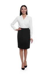 Photo of Full length portrait of hostess in uniform on white background