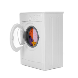 Modern washing machine with laundry isolated on white
