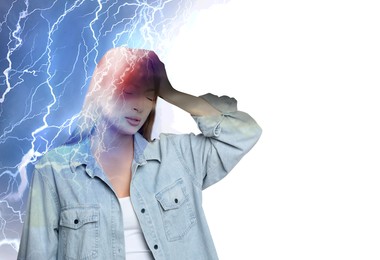 Image of Headache. Double exposure of woman and lightning on white background