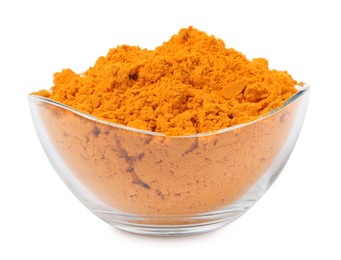 Photo of Aromatic saffron powder in bowl on white background