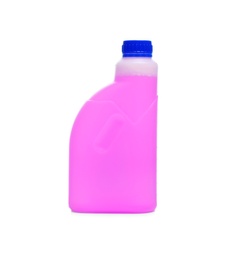 Photo of Plastic canister with liquid for car on white background