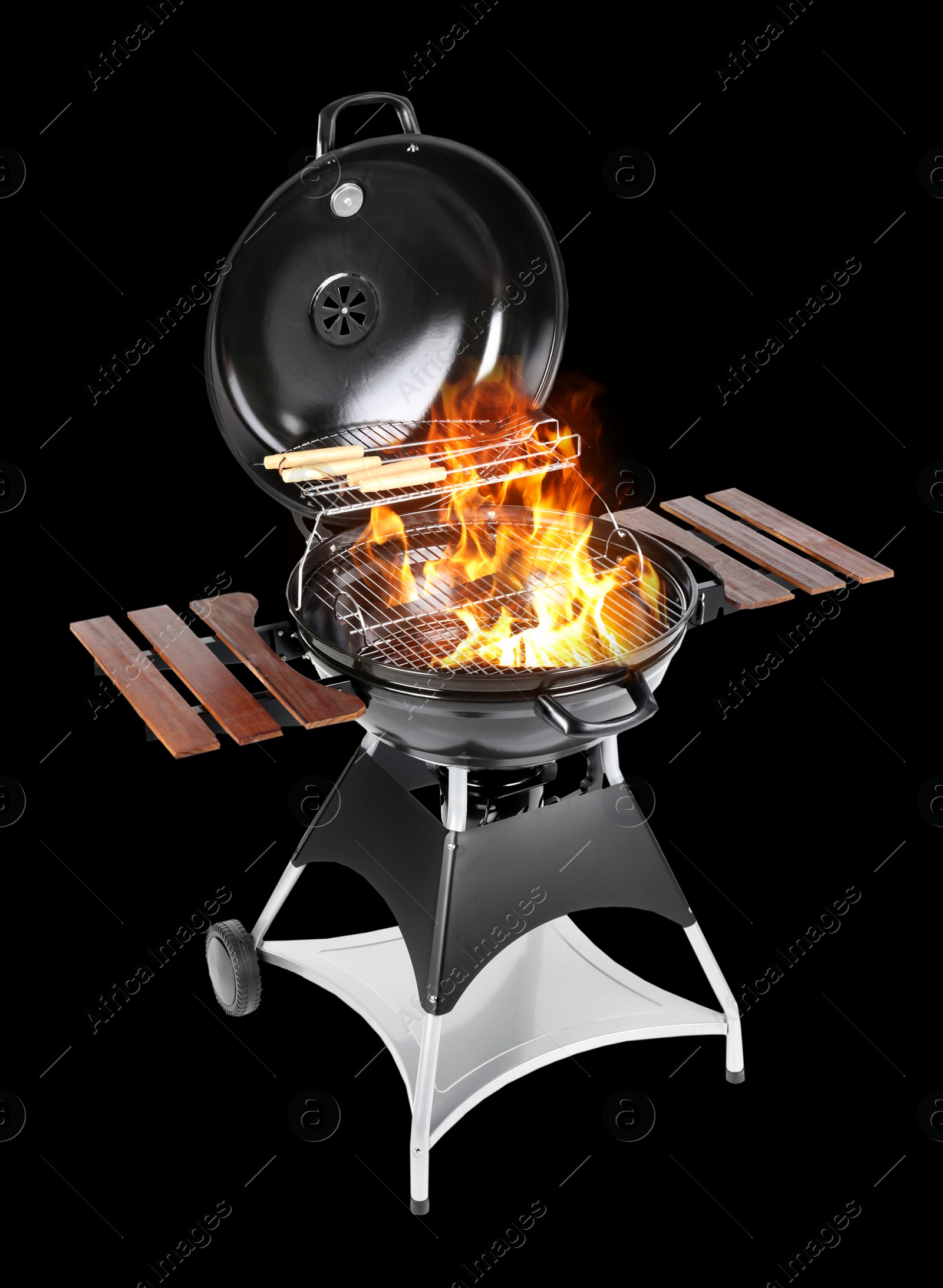 Image of Modern flaming barbecue grill on black background