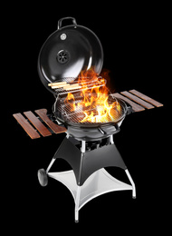 Image of Modern flaming barbecue grill on black background