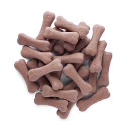 Photo of Bone shaped dog cookies on white background, top view