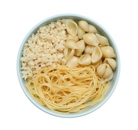 Photo of Bowl with different types of tasty pasta on white background, top view