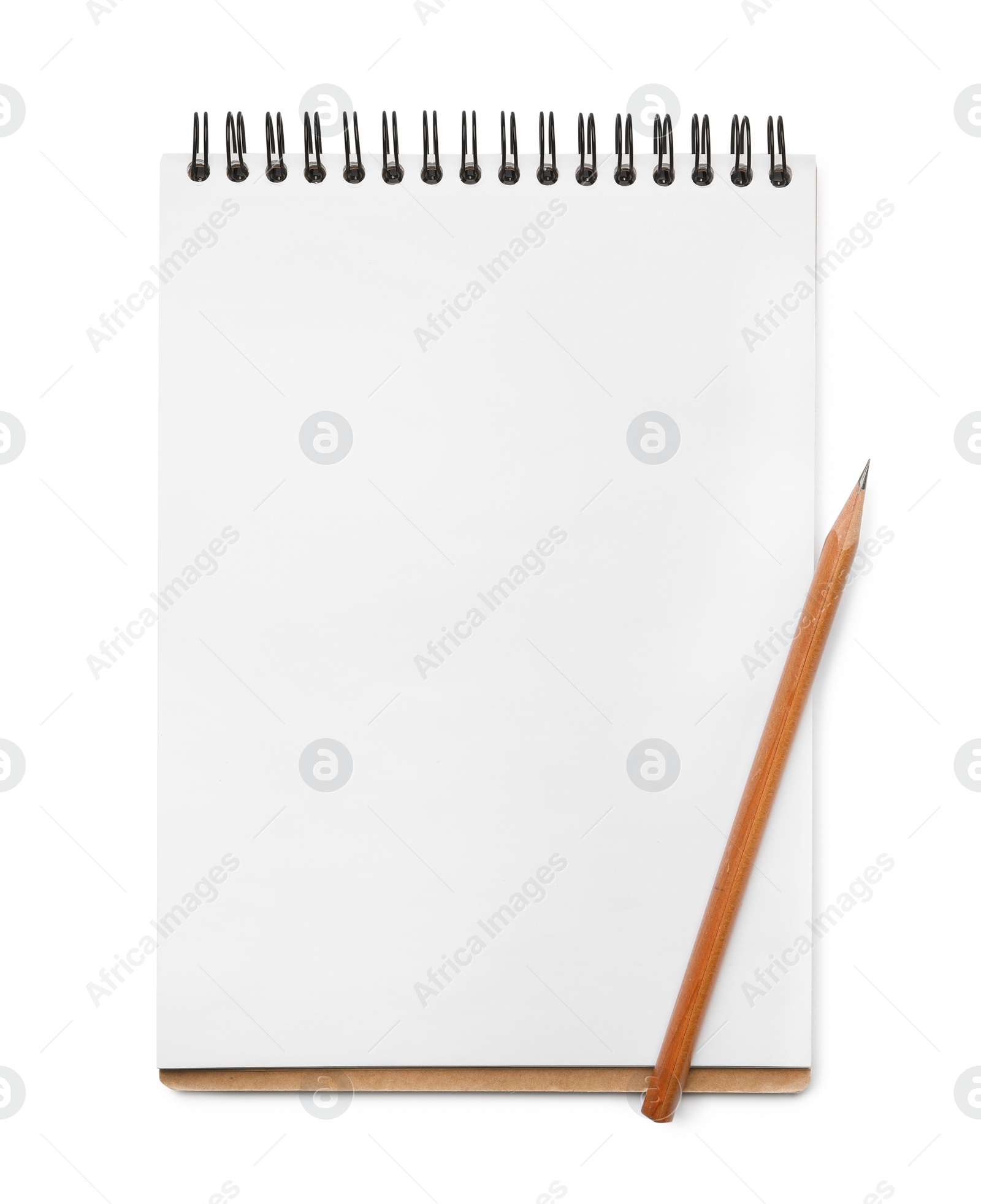 Photo of Notebook and pencil isolated on white, top view