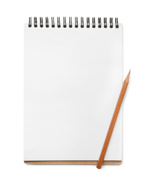 Photo of Notebook and pencil isolated on white, top view