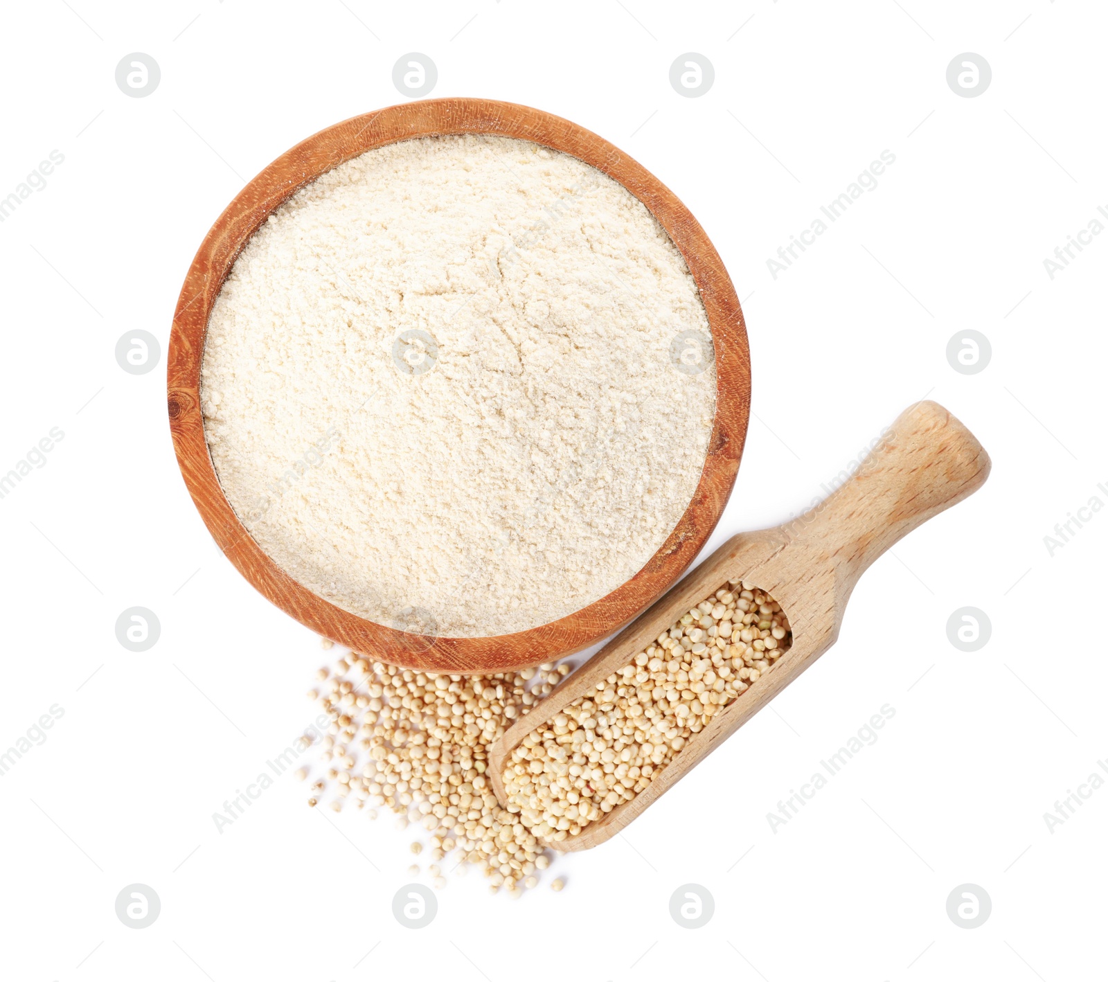 Photo of Quinoa flour in wooden bowl and scoop with seeds on white background, top view