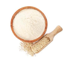 Photo of Quinoa flour in wooden bowl and scoop with seeds on white background, top view