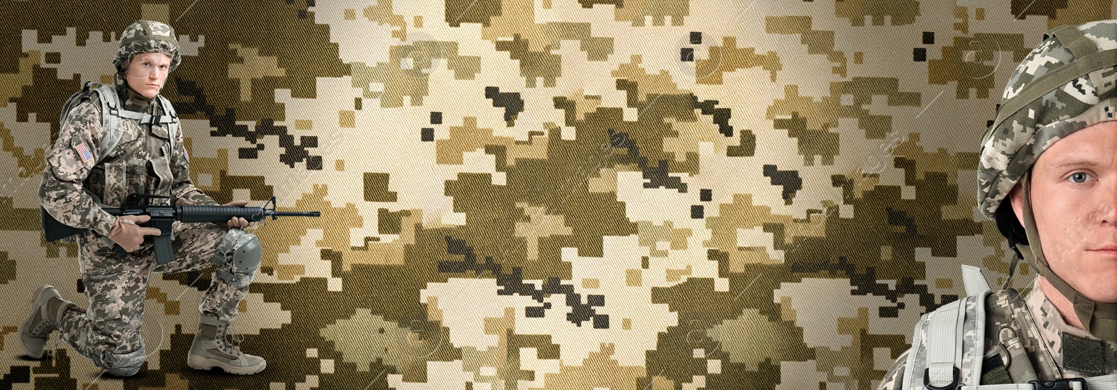 Image of Banner design with man in military uniform and digital camouflage pattern on background, space for text 