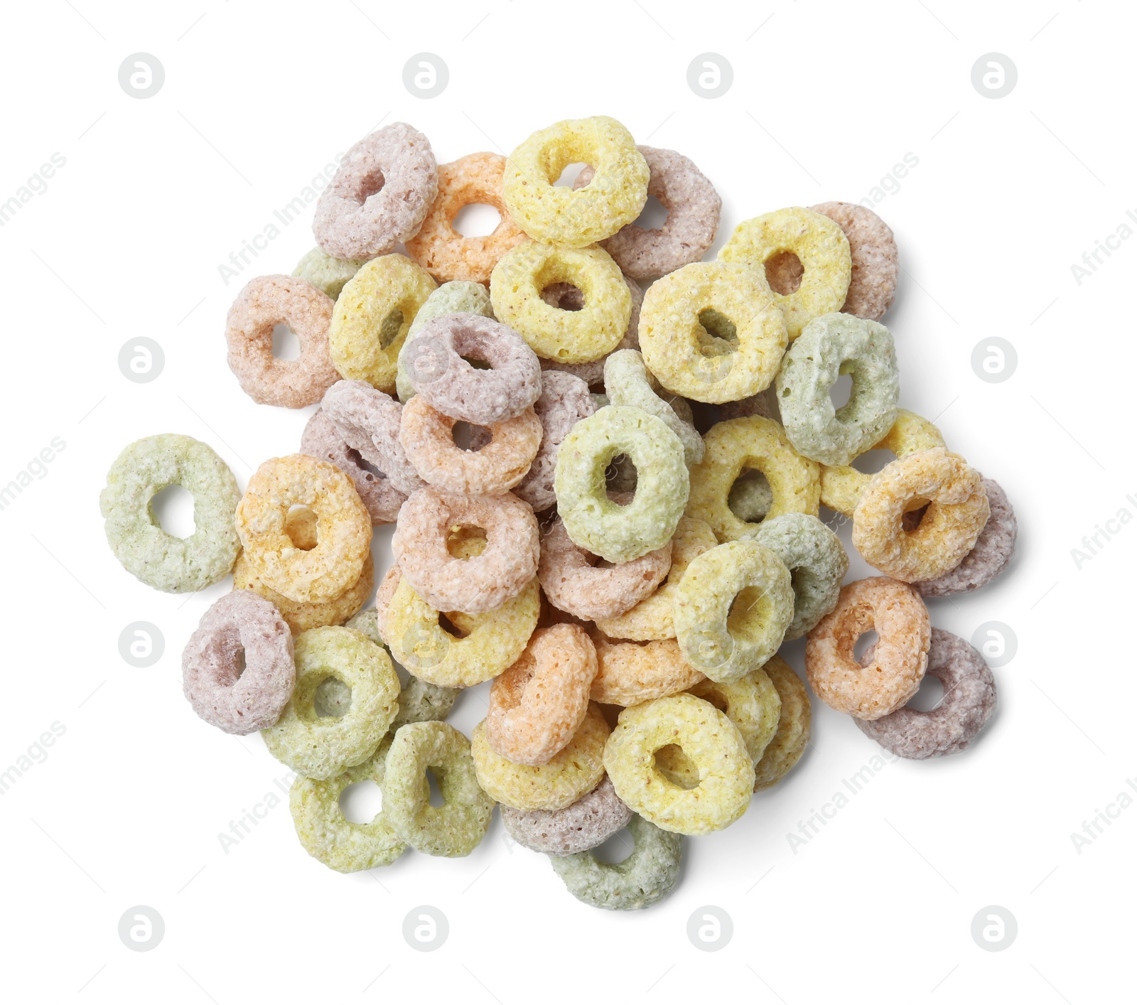 Photo of Tasty cereal rings isolated on white, top view