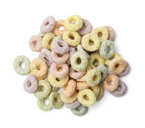 Photo of Tasty cereal rings isolated on white, top view