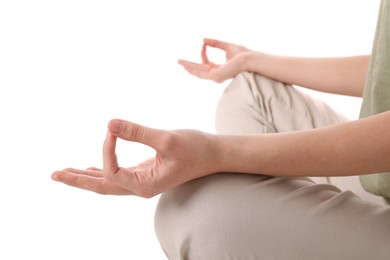 Photo of Woman meditating on white background, closeup view