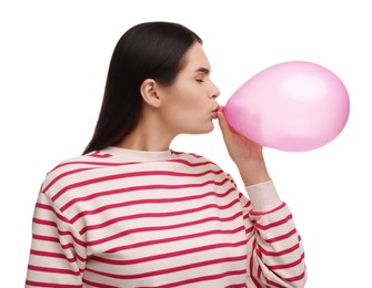 Photo of Woman inflating pink balloon on white background