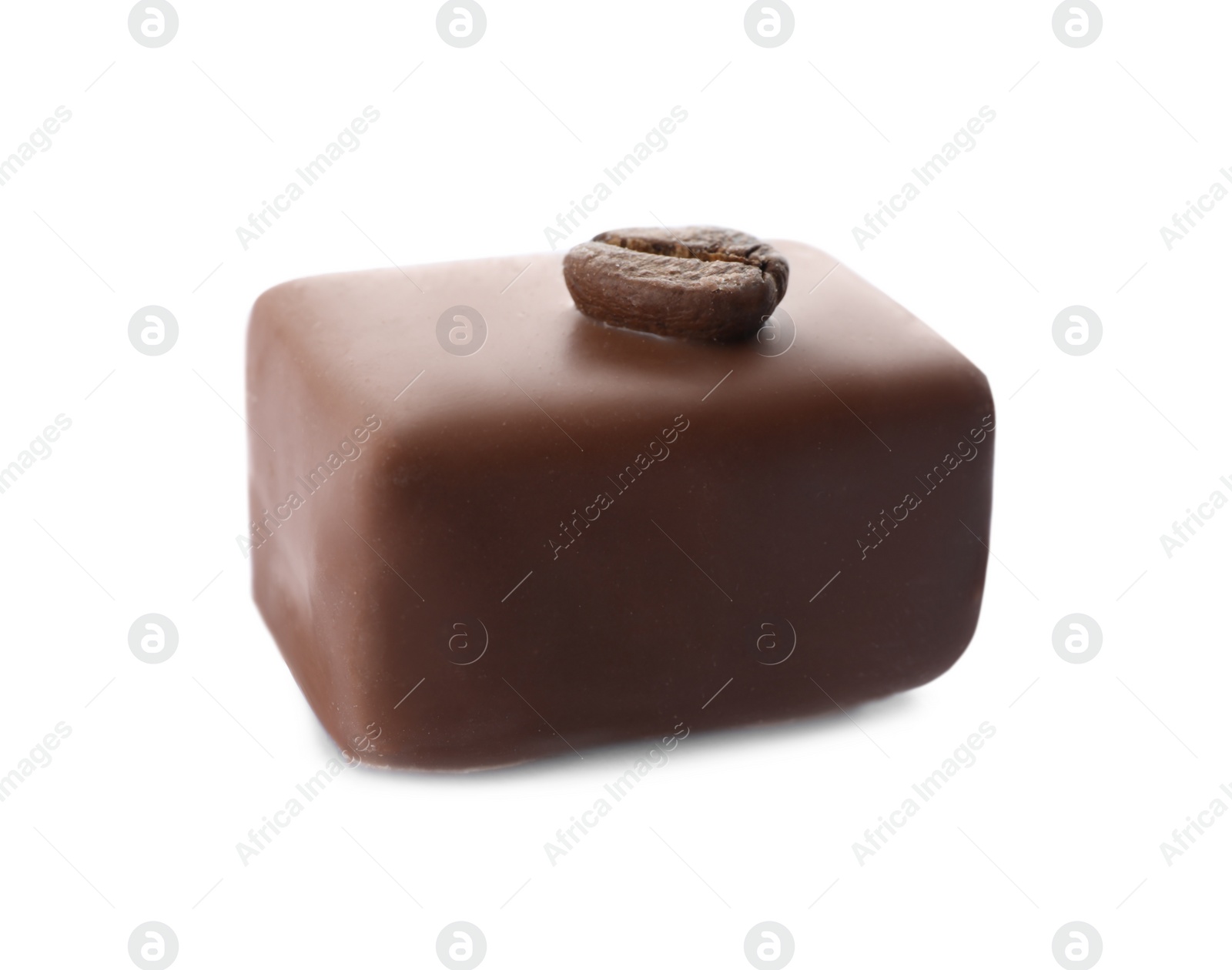 Photo of Delicious milk chocolate candy with coffee bean isolated on white