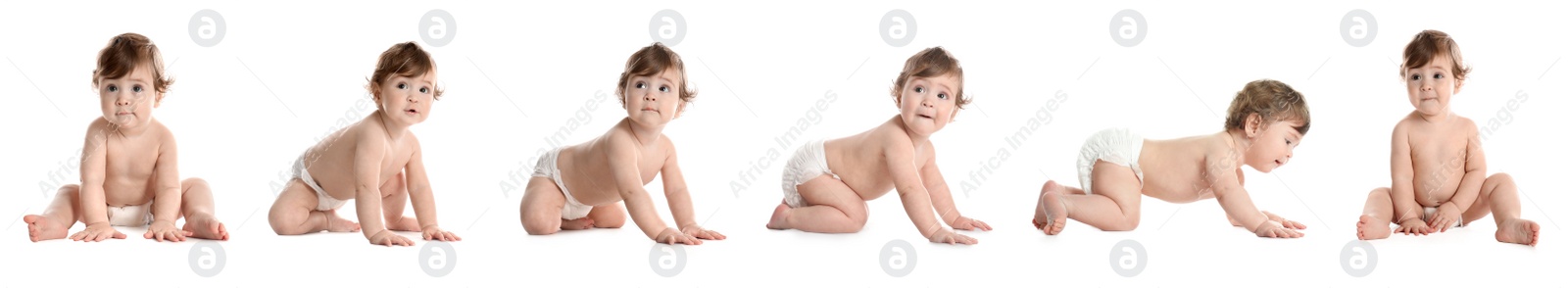 Image of Collage with photos of cute baby crawling on white background. Banner design