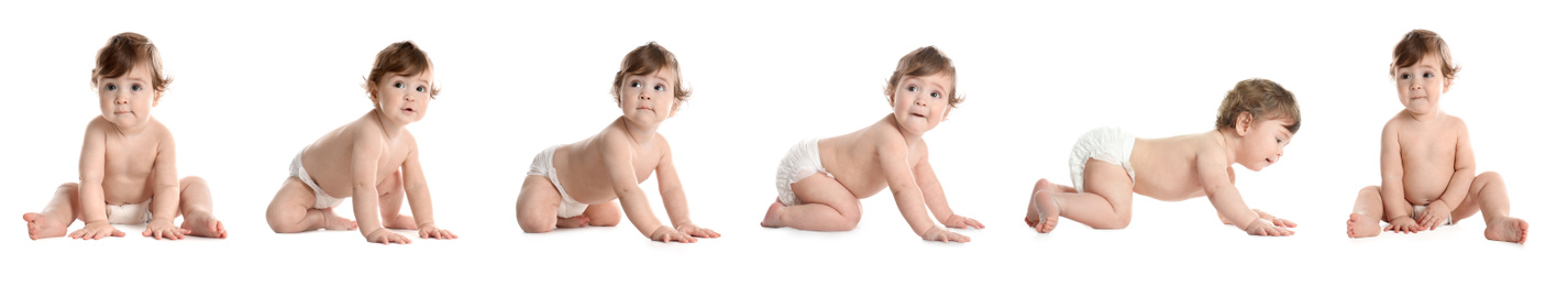 Image of Collage with photos of cute baby crawling on white background. Banner design