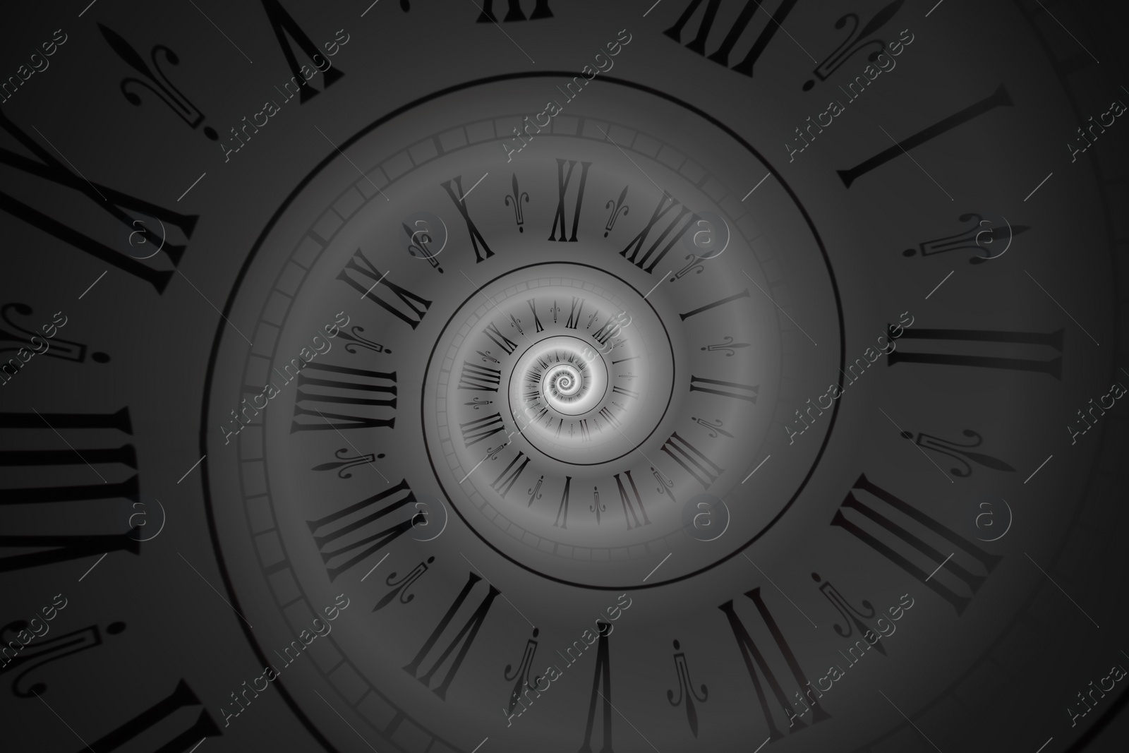 Image of Infinity and other time related concepts. White clock face with roman numerals twisted in spiral, shading fractal pattern
