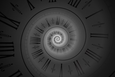 Infinity and other time related concepts. White clock face with roman numerals twisted in spiral, shading fractal pattern