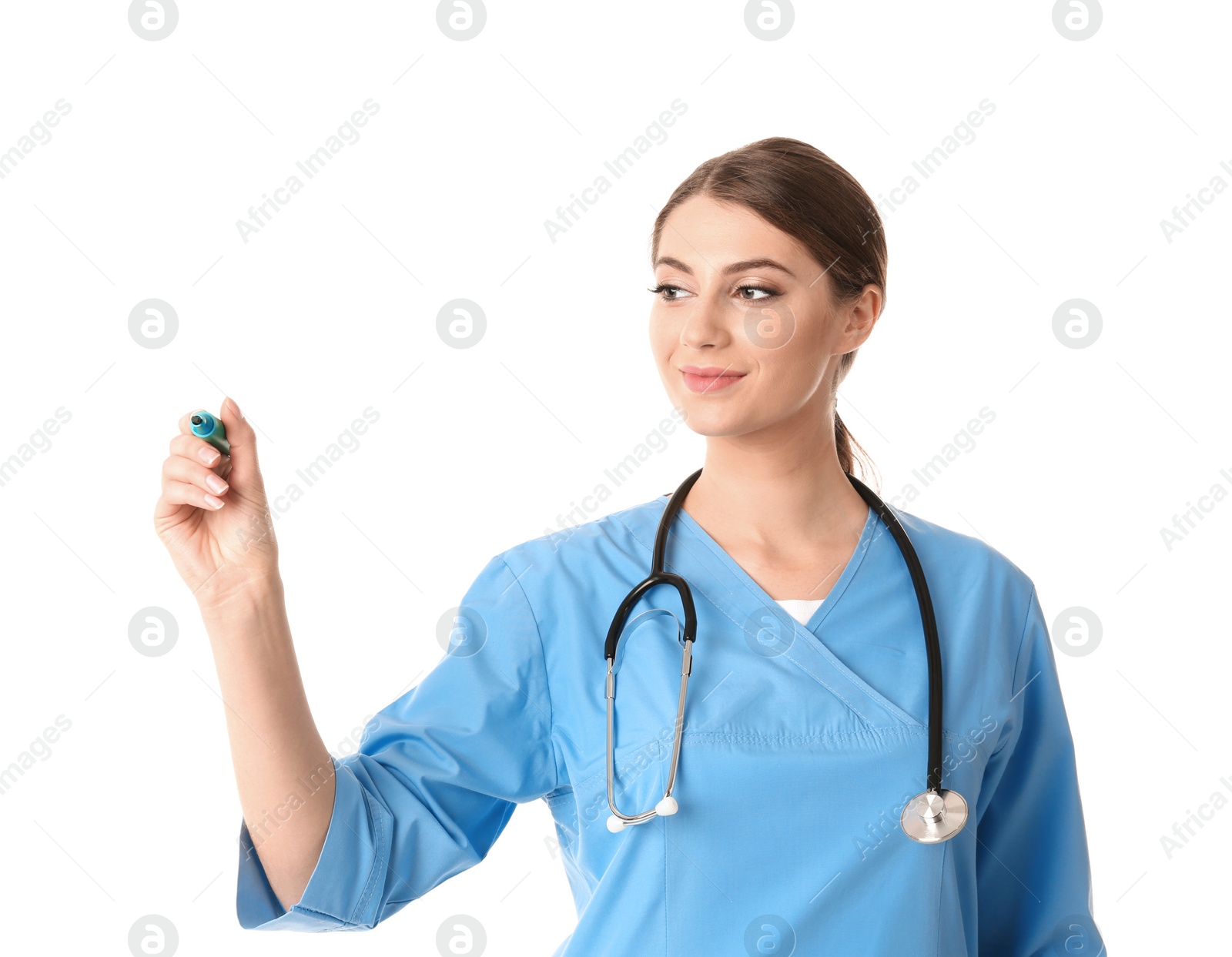 Photo of Medical student with marker on white background